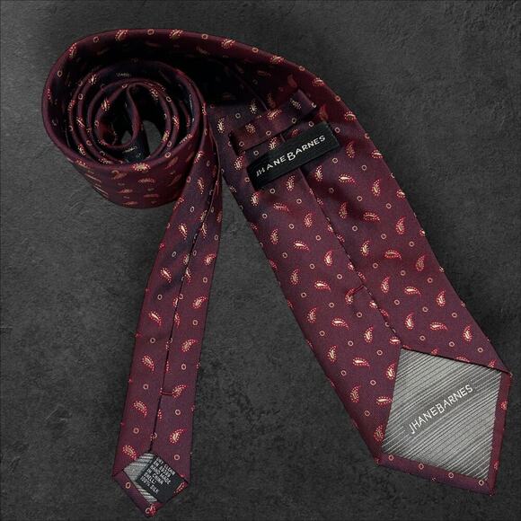 JHanes Barnes Men's Burgundy + Gold Paisley 100% Silk Professional Tie - Picture 3 of 3